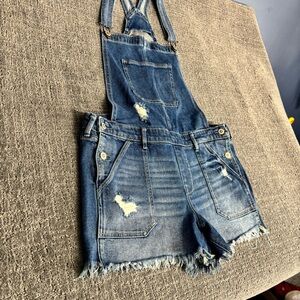 Hollister Blue Denim Overalls with Brown Patch
